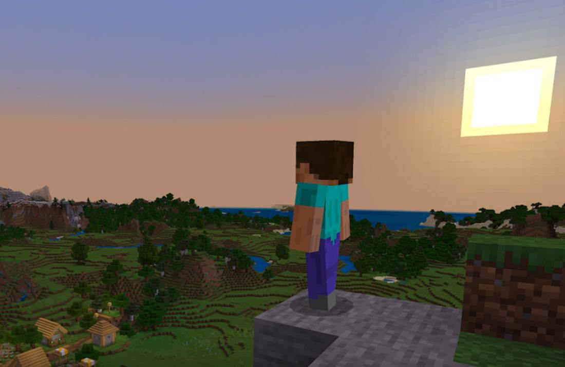 Minecraft character Steve looks out over the Minecraft landscape as the sun sets.