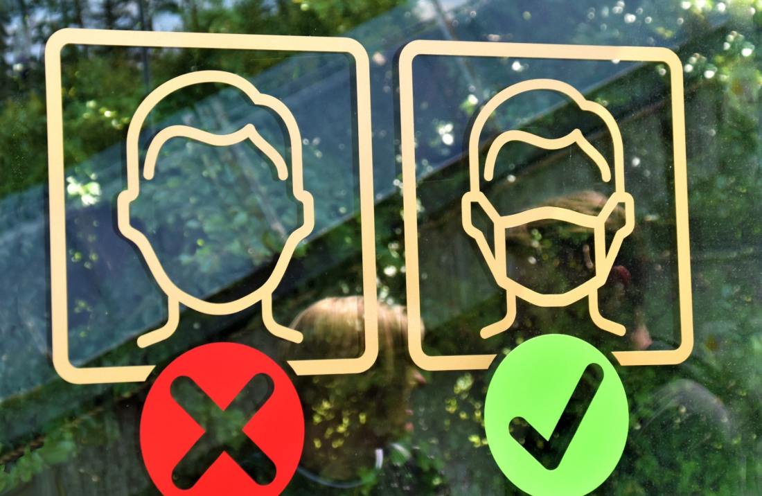 A face mask sign on a shop window